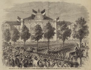De aankomst van de eerste Franse troepen in Turijn, de Chasseurs de Vincennes verlaten het treinstation door Frank Vizetelly